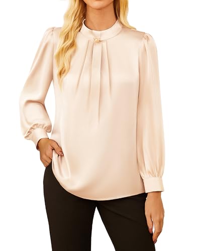 GRACE KARIN Women's Long Sleeve Business Casual Tops Dressy Silk Satin Blouse Pleated Mock Neck Shirts Office Work2