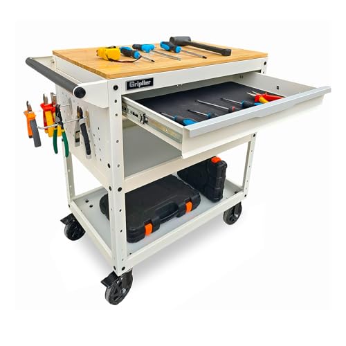 Griplier 3-Tier Rollwagen mit Schublade und Holzarbeitsplatte, 150KG Tragfähigkeit, 82 x 48 x 90cm, Werkzeugwagen für Lager Garage Garten Werkstatt, Weiß