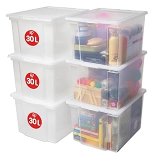 Iris Ohyama, Versatile Storage Boxes, Durable Plastic, 30L, Set of 6, Clear, Easy Latch, Stackable, Organisation, for Closet, Shelves, Classroom, Room, Dressing, Toys, Shoes, Art Supplies, USB-M