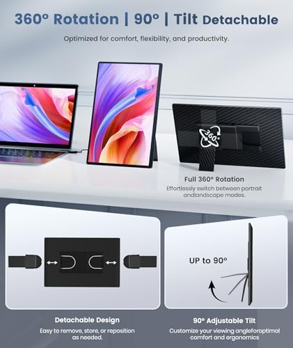 Image of Synnov Portable Monitor, 16 inch 1200P FHD Laptop Screen Extender, 360 Rotating Detachable Stand, Plug&Play Travel Monitor for Laptop, Ultra-Slim & Zero-Frame Dual Screen for Win /Mac /Android