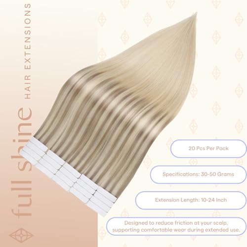 Image of Full Shine Tape Ins Human Hair Extensions, Pearl Blonde Ombre 14 Inch | 50g 20PCS, Double Sided Human Hair Extensions Tape in, Brazilian Style Soft Silky Texture Smooth Casual Styling