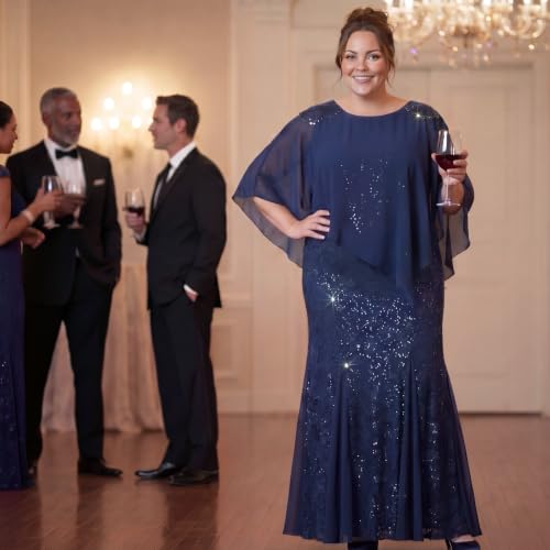 Image of S.L. Fashions Womens Plus Size Long Length Sequin Lace Beaded Capelet Mother of The Bride Dress, Formal Evening Gown