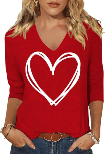 Image of Womens 3 /4 Sleeve V Neck Valentine T Shirts Love Heart Printed Graphic Tee Tops