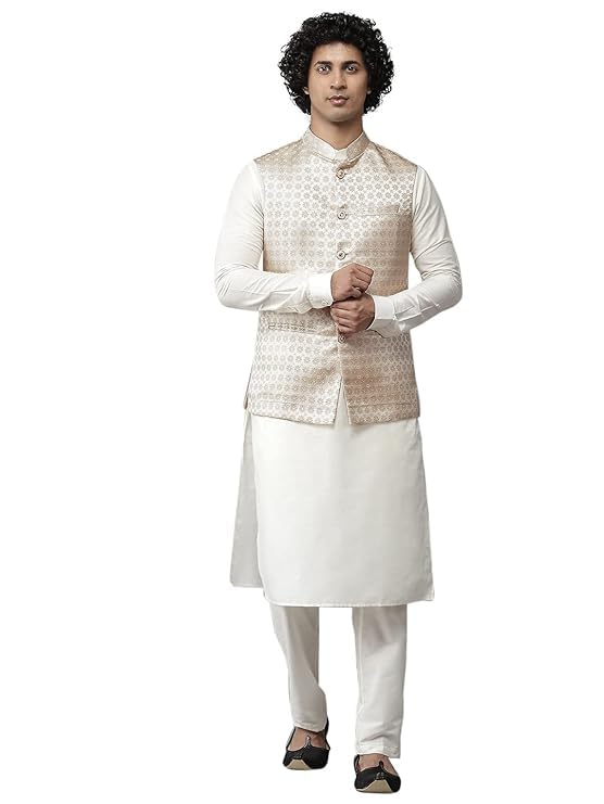 Men Gold & White Solid Kurta Pyjamas With Nehru jacket-image-9