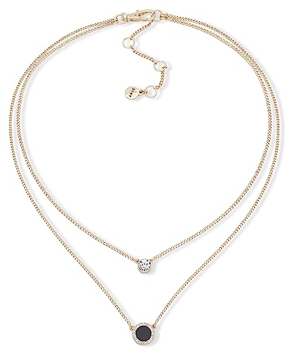 Image of DKNY Layered Pendant Necklace for Women, Gold Tone Double Pendant Necklace with Crystal and Black Disc Charms