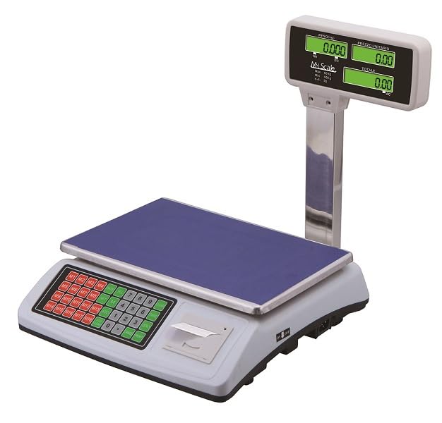 Balanza Digital 50kg con Impresora de Etiquetas, Alta Precisión 1/3000, Pantalla LED Dual, Función Tara y Precio, Báscula frutera Ideal para Tiendas y Fruterías