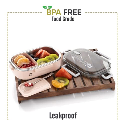 Image of Stainless Steel Outer Lunch Box with Inner Plastic Body | Leak Proof Compartment Tiffin Box with Stainless Steel Spoon & 1 Plastic Box | Lock Mechanism for Kids & Adults Office School Use