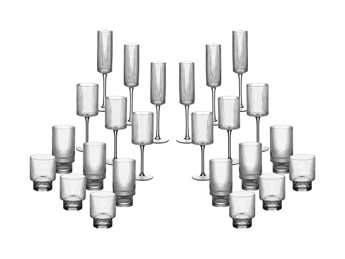 Bjorn Set de verres complet LINJE 24 pièces en cristallin sans plomb – Service de verres pour eau, jus, vin et champagne – Gobelets bas et hauts, verres à pied et flûtes design strié moderne