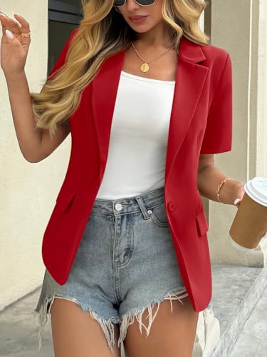 Cicy Bell Women's Casual Blazer Short Sleeve Lapel Open Front Work Office Jacket Red4