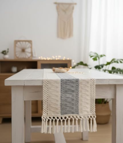 BOSALONI HOME - Camino de mesa de 180 x 30 cm, color marfil, grafito, mantel largo rectangular jacquard con flecos, elegante centro de mesa decorativo para mesa de comedor, cocina y salón