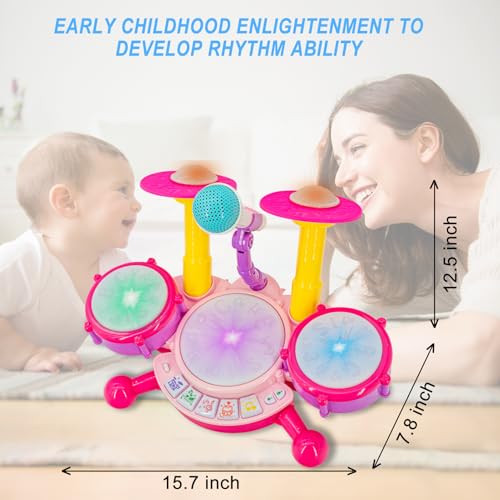 Image of Pink Drum Set for Girls - Kids Musical Instrument Kit | Pink Drum Set for Girls, Kids Musical Instrument Kit, Electronic Drum Toy for Ages 18 Months and Up