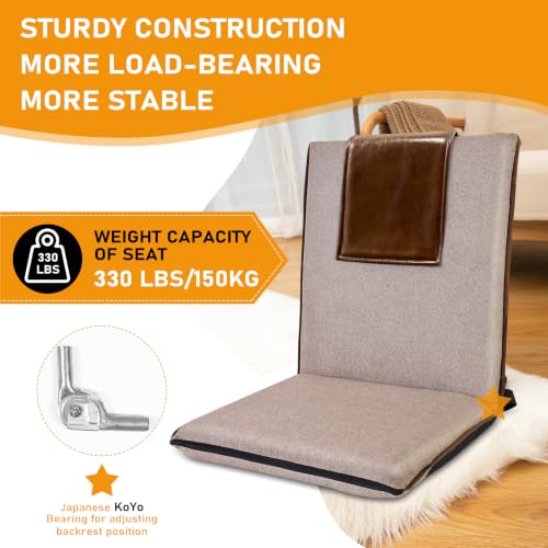 Image of FASTMOMENT Floor Chair with Back Support Foldable Meditation Seat, Brown | 14 Adjustable Positions, 330lbs Weight Capacity, Washable Linen Cover, Sturdy KOYO Bearings, Portable Ground Chair for Adults
