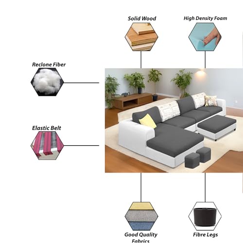 Image of Koza LHS 8 Seater L Shape Sofa Set with Center Table for Living Room (Black Grey Fabric) Premium Fabric Sofa