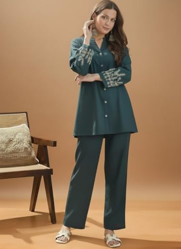 Image of SHEINZY Elegant Embroidered Sleeve Co-Ord Set for Women | Comfortable Silk Blend V-Neck Button-Down Top Matching Pants | Stylish Casual Ethnic Wear