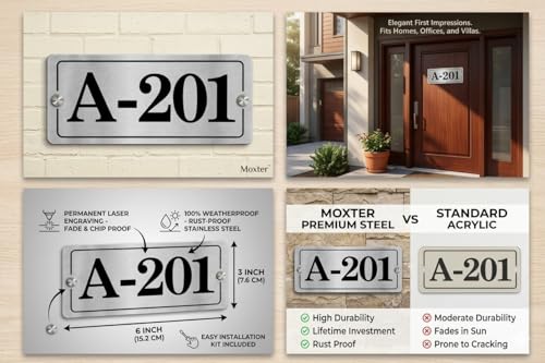 Image of Personalised Stainless Steel House /Door Number Plate 6x3 Inch | 1 mm Thick Steel Name Plate | Custom Home Address Sign Board for Home, Office, Flat