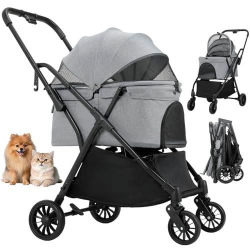 MAMIZO Faltbarer Hundebuggy One-Touch, Faltbar Katzenwagen Bis 20 kg, Hinterradbremsen, Atmungsaktives Frontfenster, Haken zum Aufhängen, 4 PCS 360° Gummiräder, für kleine Hunde Katz, Dunkelgrau