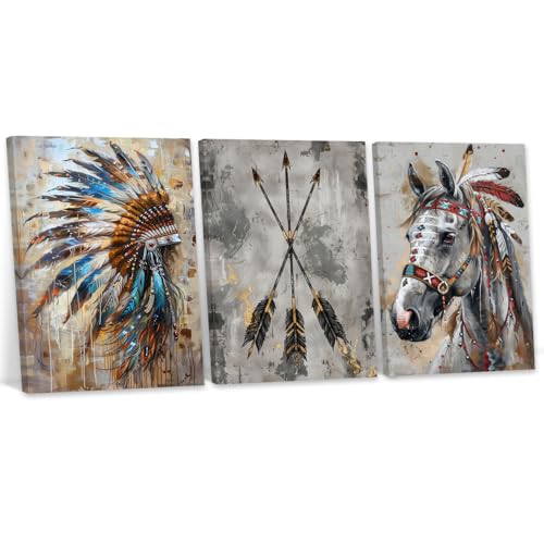 YMXZHUANSH 3 Piece Native American Wall Art Indian Tribal Canvas Chief Headdress Arrow Horse Deer Pictures Vintage Painting for Bedroom Decor Frame(White 24x36inchx3P (60x90cmx3P))