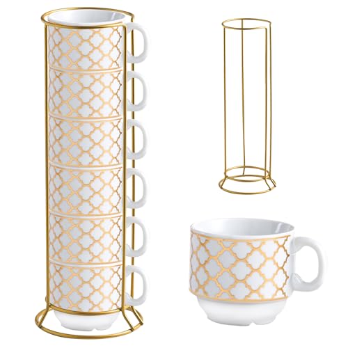 Tazas, Outdoors DOTOTO Taza de café expreso de porcelana, Juego de 6 tazas de café apilables de porcelana con estante, con soporte de metal (6, blanco-A)