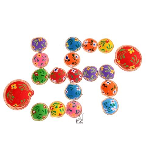 Image of Colourful Handmade Diyas for Diwali (21 Pcs) Hand Painted Decorative Clay Mitti Diya Deepak Lanterns for Diwali Decoration