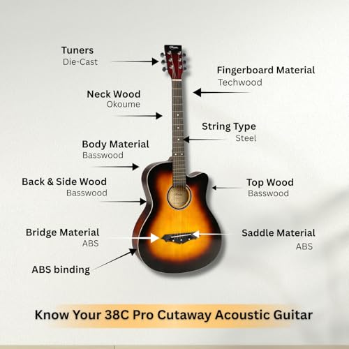 Image of Henrix 38C PRO 38 Inch Bass Wood Cutaway Acoustic Guitar With Die-Cast Tuners, Dual-Action Truss Rod, Gig-Bag, Picks, String Set, String Winder, Strap & Polishing Cloth - Sunburst