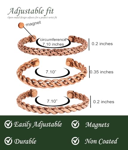 Image of Touchstone Copper Bracelet Tibetan Style. Hand Forged with Solid and high Gauge Pure Copper. Set of 3 Different Designs in Rope Braid Style.