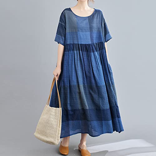 Vestido Algodón y Lino,Henniu Vestido Feminino Algodão e Linho Vintage Estampado Xadrez Manga O Deco