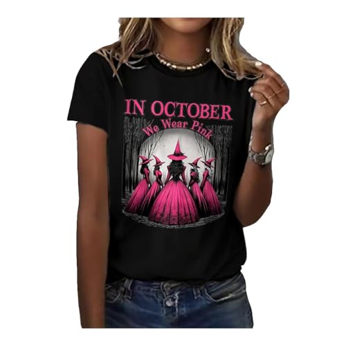 in October We Wear Pink Shirt Womens Ghost Witch Breast Cancer Awareness T-Shirt