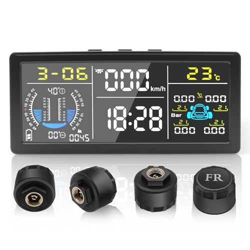 Liwogi Multifunktional Tpms Reifendruckkontrollsystem mit 4 externen Sensoren Solaraufladung Monitor Universal Mit Geschwindigkeit, Steigung und Höhe HUD Display,9.9BAR/199Psi für SUV Van Auto