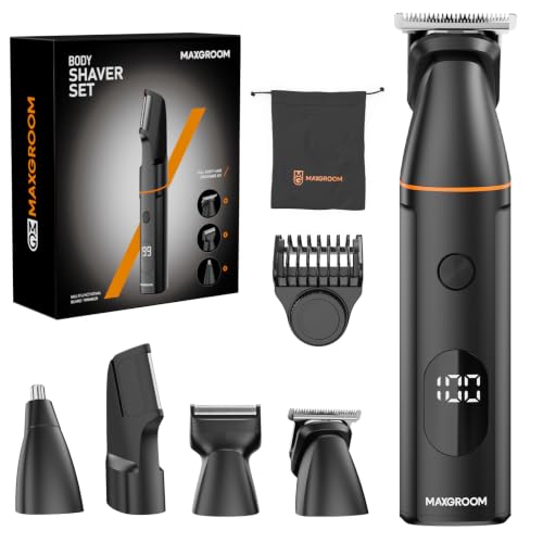 MAXGROOM 4 in 1 Rasoio Elettrico Corpo Uomo Kit, Rasoio Parti Intime Uomo IPX6 Uso Umido e Secco, Depilatore Corpo Ricarica di USB C (Nero, M)