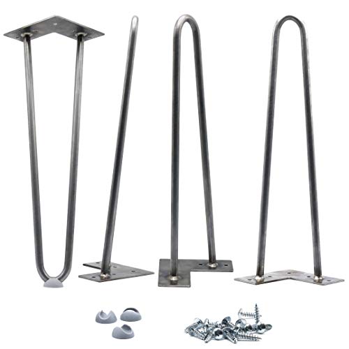 16 Inch Hairpin Legs 1/2 Inch Thick Heave Duty - RAW Steel - Leg Protectors, Screws - Set of 4 - Metal Legs - Coffee Table Legs – Desk Legs - Furniture Legs - Mid Century Modern by Homeland Hardware