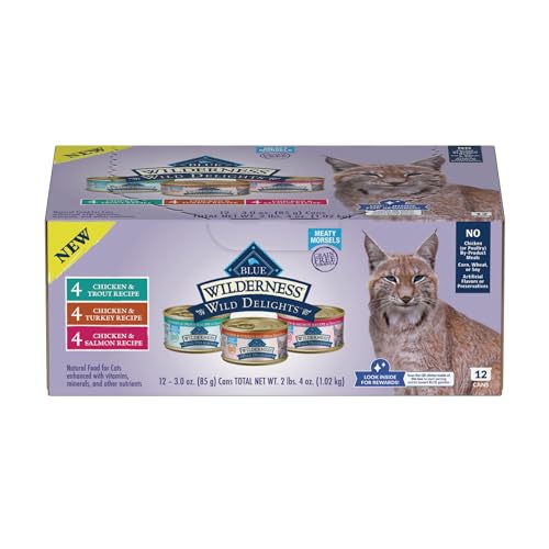 Blue Buffalo Wilderness Wild Delights High Protein Grain Free Natural Adult Meaty Morsels Wet Cat Food Chicken & Turkey Chicken & Trout Chicken & Salmon 3-oz cans (12 Count - 4 of Each Flavor)