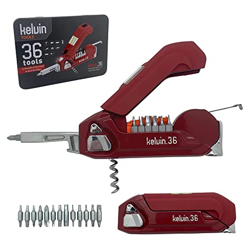 Kelvin Tools K-36 Multi-Tool Set, 36 Integrated Tools, 26 Bit Screwdriver Set, Tape Measure, Corkscrew (Crimson) #TOP10