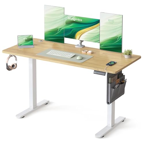 SONGMICS Scrivania Regolabile in Altezza Elettrica, 140 x 60 cm, Scrivania Elettrica, Tavolo con Memoria per 4 Altezze, per Ufficio, Rovere Dorato LSD134YA01