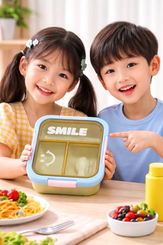 Image of Kids Bento Lunch Box with one Folding Spoon | Leakproof BPA-Free Tiffin Box for School | Cute Smile Design Food Storage Container for Boys & Girls