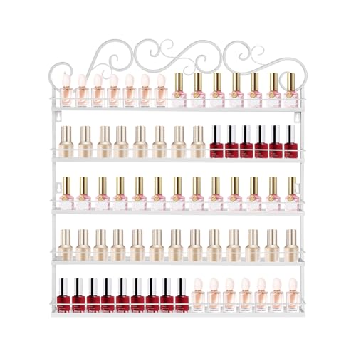 Image of 5 Tier Metal Wall Mounted Nail Polish Rack - White Cosmetic & Essential Oil Storage Shelf Display Organizer with Protective Strips for 100-120 Bottles, Perfect for Home Salon, Spa Shops & Vanity