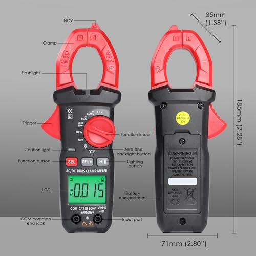 Digitales Zangenmessgerät Multimeter für Wechsel-/Gleichstrom und -spannung, Temperatur, Kapazität, Frequenz, Dioden, Durchgang, berührungslose Spannungsprüfung für Elektriker