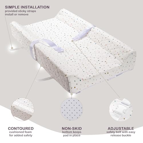 Image of Organic Cotton Covered Contoured Baby Changing Pad | Waterproof Foam Mattress, Soft, Removable & Washable Cover, Safety Strap, Non-Slip Bottom, Topper for Standard Size Infant Diaper Table & Dresser