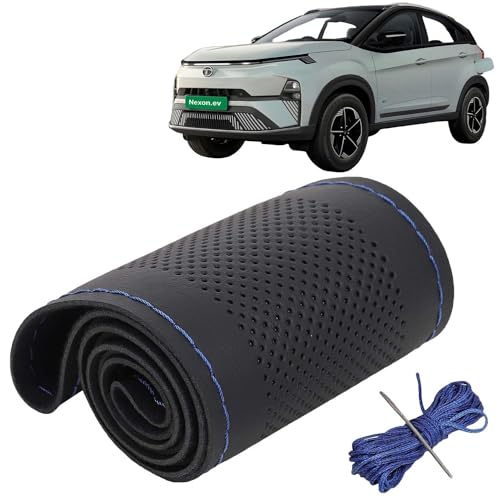 Image of KINGSWAY PU Leatherite Car Steering Cover Sewable Compatible with Tata Nexon EV (Year 2023 Onwards), Black Color with Blue Thread, Pack of 1 with Sewing Needle and Thread