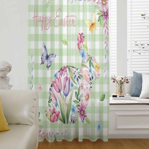Easter Bunny Sheer Curtains 96 Inches Long, Spring Flower Daisy