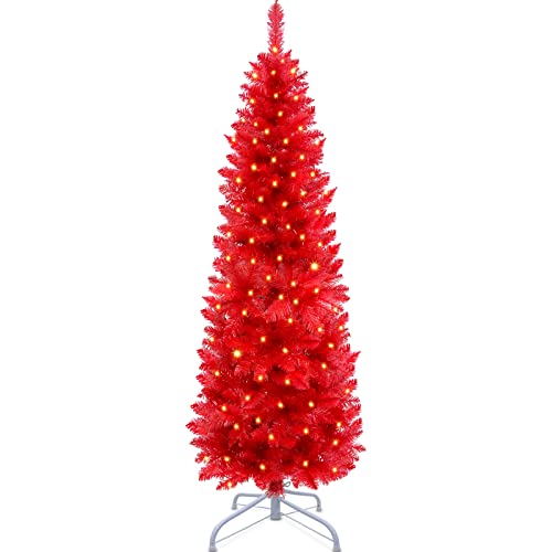 Turnmeon 5 Ft Prelit Artificial Pencil Valentine's Day Tree Decoration With 8 Modes 100 Led Warm Lights Plug In 380 Branch Tips Metal Stand Slim Tree Valentine Decor Indoor Outdoor Home Holiday (Red) #TOP15