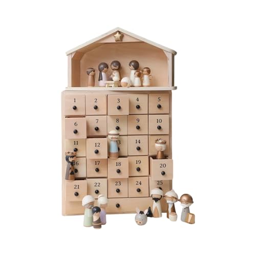 The Rescuer Nativity Advent Set | Wooden Calendar Advent With 25 Drawers | Handpainted Resin Figures | Christian Religious Stocking Stuffers Presents Party Favors For Adults & Kids