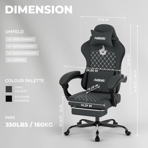 NIONIK Gaming Stuhl Ergonomisch, Gaming-Sessel mit Fußstütze, Gaming Stuhl Stoff Bürostuhl mit Lordosenkissen und Nackenkissen… – Ansicht 3