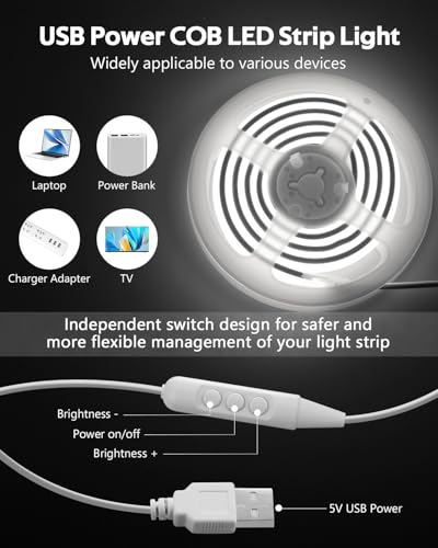Image of 5V USB COB LED Light Strip with Dimmer 3.3FT Daylight White LED Rope Lights Indoor Tunable 6000K Super Density 320LEDs /M IP67 Waterproof LED Tape Light for Bedroom TV Backlight Mirror Decor