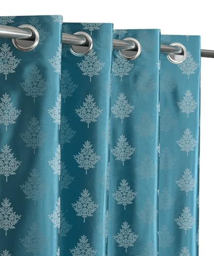 Image of Semi Room Darkening Curtains, Aqua, Tree Print, 4x7 ft, Set of 2