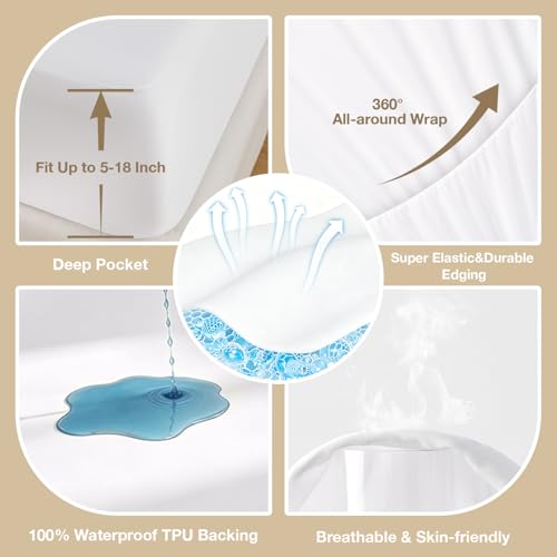 Image of King Size Mattress Protector Waterproof 2 Pack Washable Mattress Cover Breathable Fitted Bed Pad Noiseless Plastic Protection Up to 18 inch Mattress Protector Soft(White)