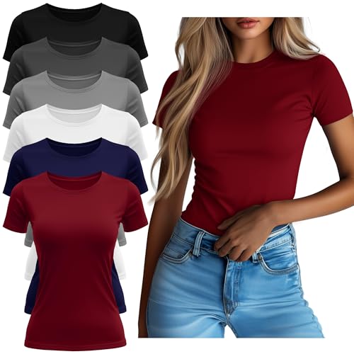 Neer 6 Pack Fitted Basic T-Shirts for Women Bulk, Tight Crewneck Short Sleeve Tops Multipack Slim Casual Summer Tees Blouse