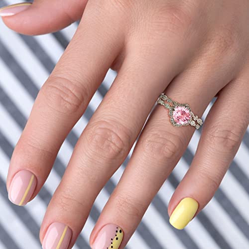 Lady 2PCS Simulated Diamond Ring Women's Pink Zircon Ring Set Engagement Ring Wedding Band (Pink, 6)3