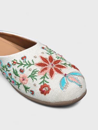Image of OPIVE's Mehandi Women's Mojari Jutti Ethnic Punjabi Juttis Traditional Flat Embroidered Canvas Fancy Bellies Comfortable Sole for Womens & Girls