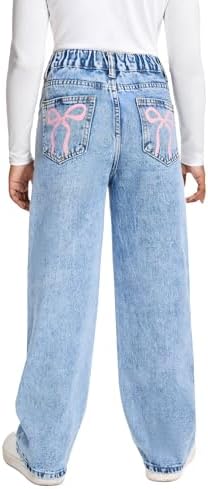 Jeans for Girls Baggy Wide Leg Cute Bow High Elastic Waisted Denim Pants Y2K Boyfriend Skater Streetwear 7-14Y
