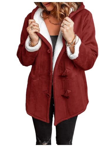 ShangSRS Cappotto Donna Invernale Trench di media lunghezza con Cappuccio Elegante Cardigan Giacca Parka in Tinta Unita Antivento Caldo Cappotti (2XL, Borgogna)